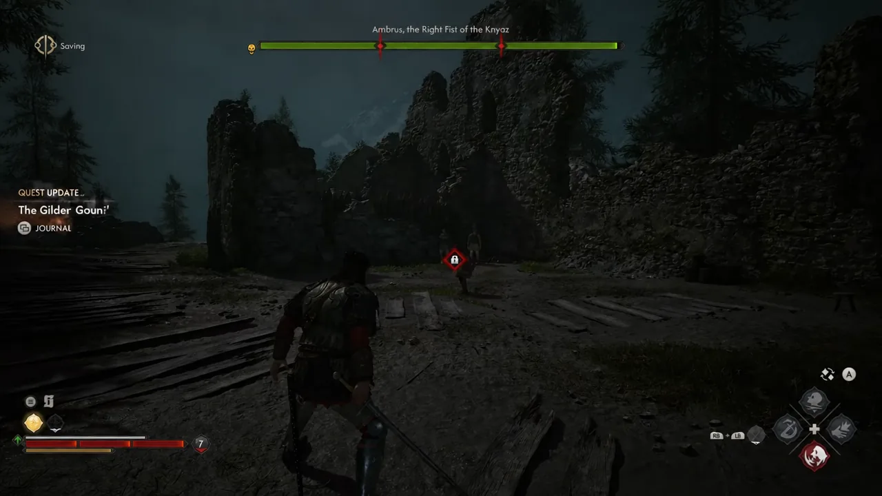 Boss health bar for Ambrus, the Right Fist of the Knyaz, with a QUEST UPDATED prompt on screen