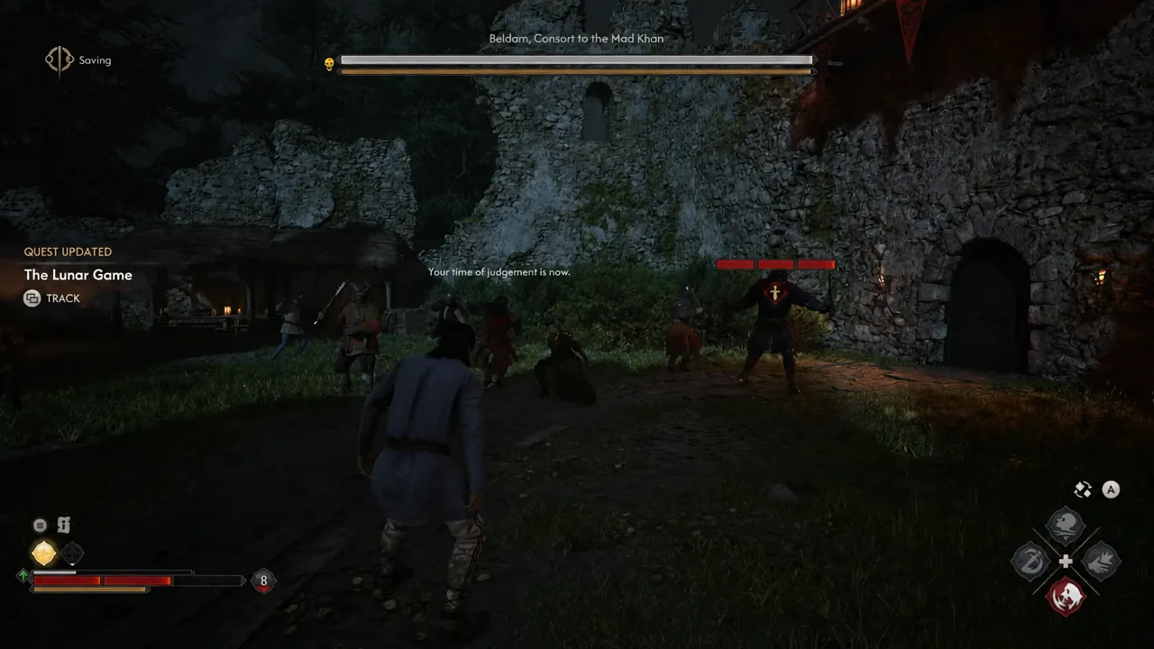 The Lunar Game quest updates on screen as Coen fights Beldam and her guards in the courtyard