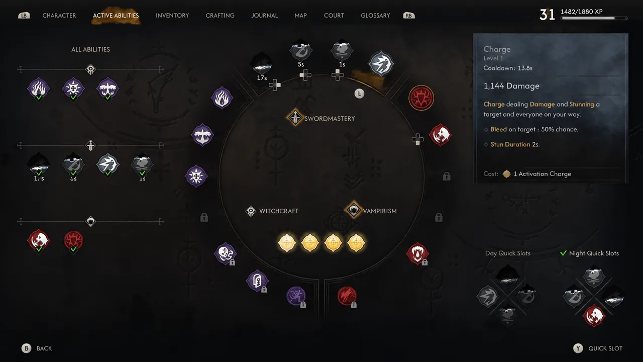 The Active Abilities menu showing the Charge skill with its damage, cooldown and charge cost