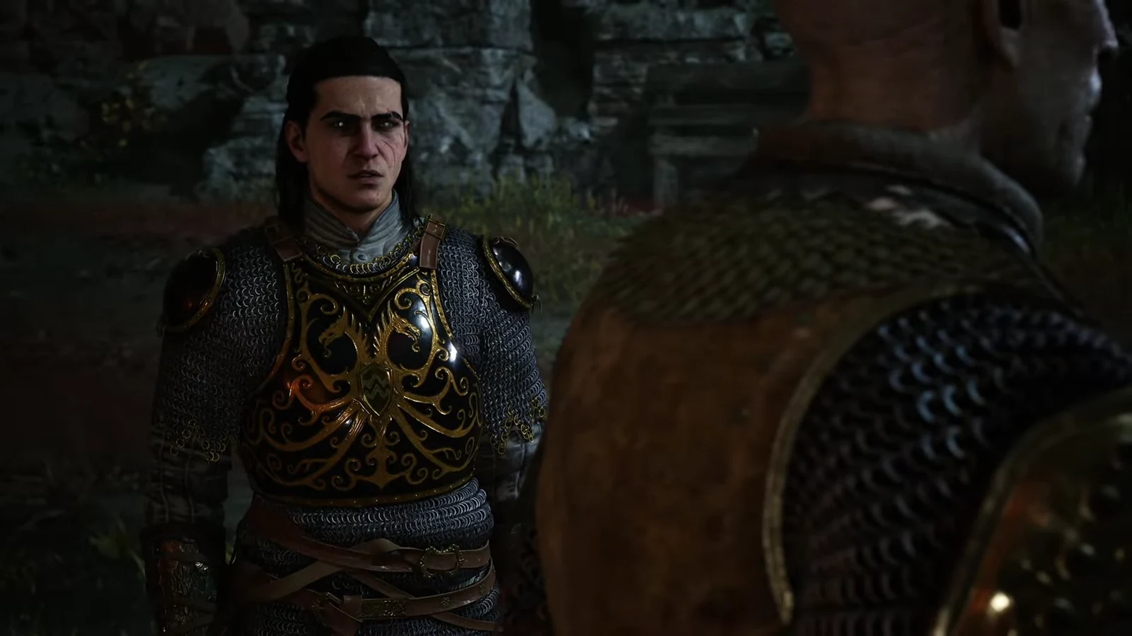 Coen faces Brencis in a cutscene with the dialogue option to end the talking selected