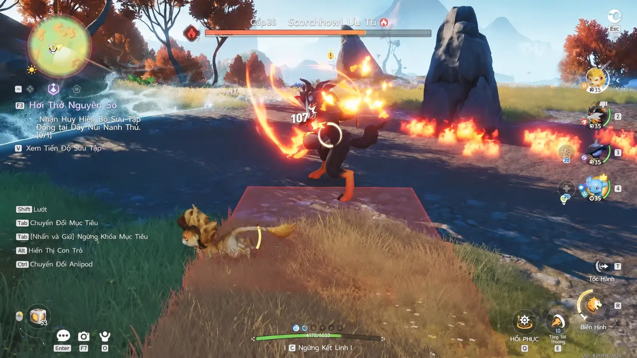 Player attacking a burning Scorchhowl while flames spread across the ground