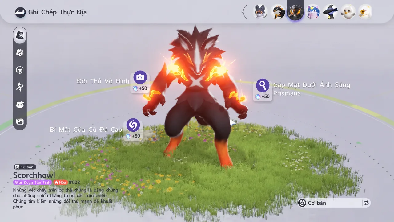 Scorchhowl's field record entry open in the menu showing its evolution line