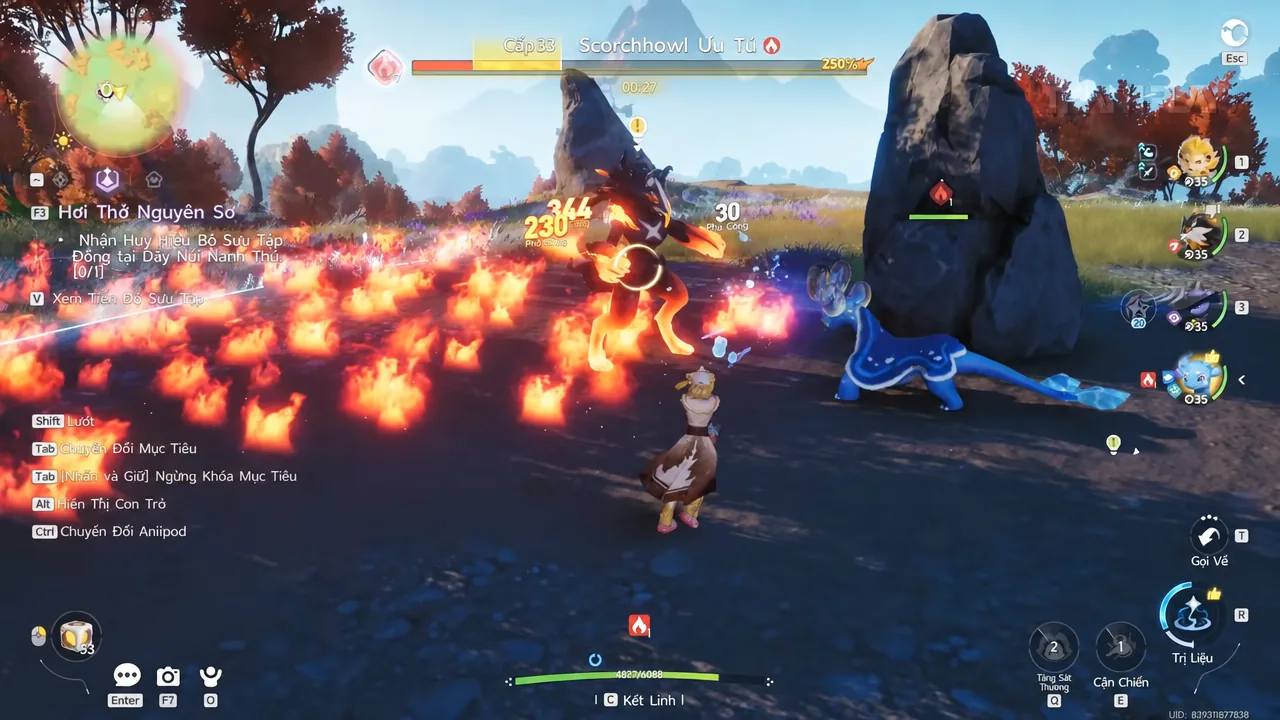 Combat view of Scorchhowl surrounded by flames with the active quest tracker on screen
