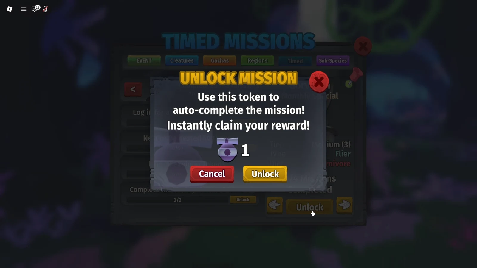 Unlock Mission dialog offering to spend one token to auto-complete the mission, with the yellow Unlock button
