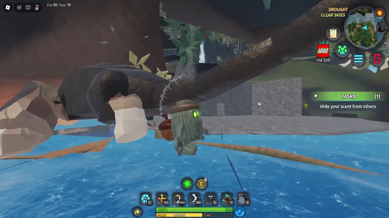 Tasks panel showing Hide your scent from others while the creature sits submerged in water