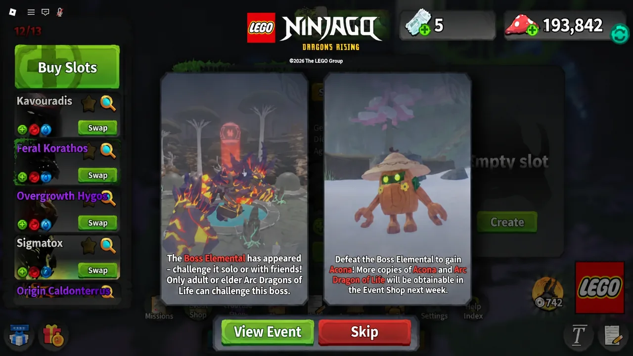 Creatures of Sonaria event screen explaining the Elemental boss fight and its Arc Dragon of Life requirement