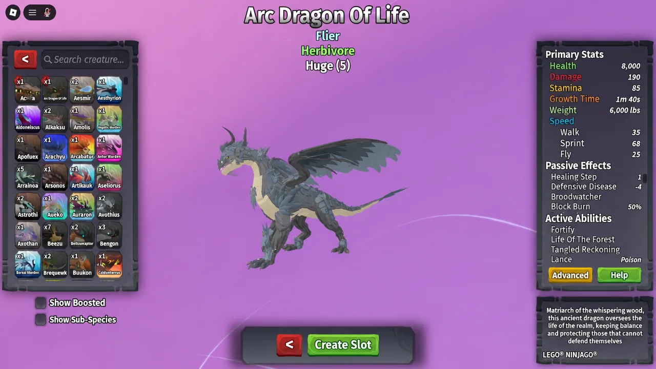 Arc Dragon Of Life selected in the creature menu with the Create Slot button highlighted