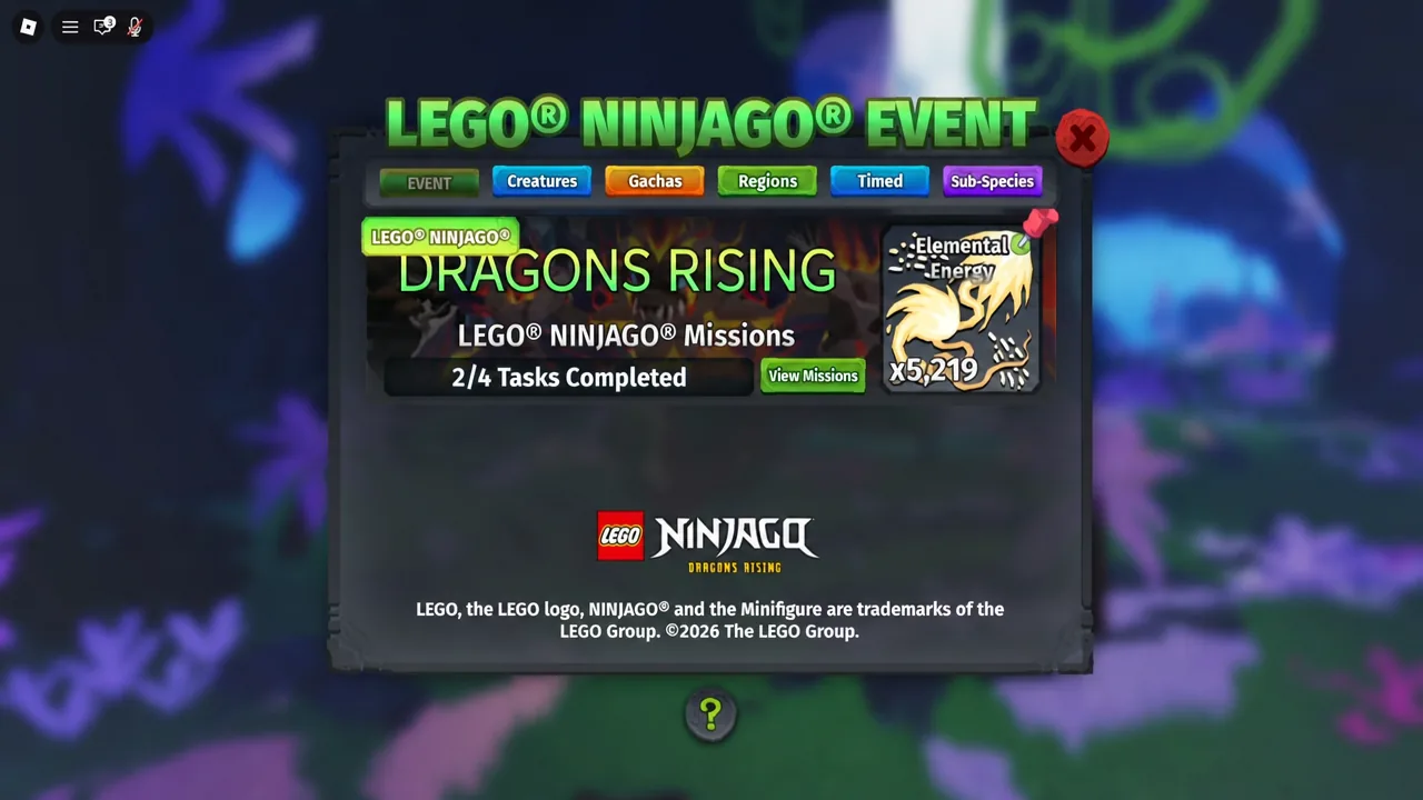 LEGO NINJAGO event screen showing the Missions panel at 2 of 4 complete with the View Missions button