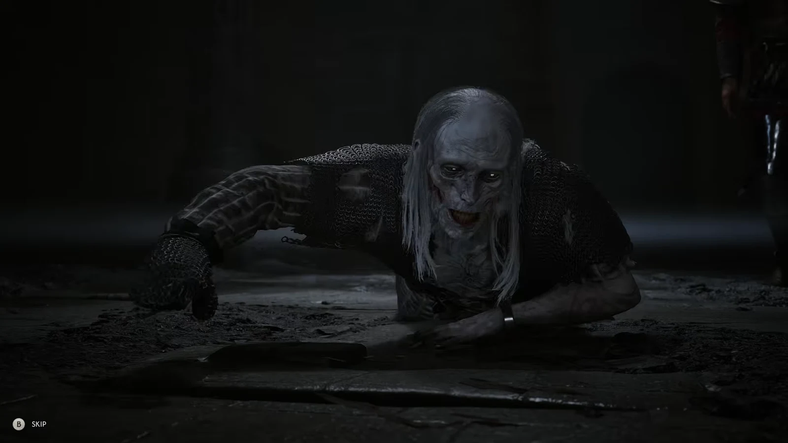 Post-fight cutscene with the beaten Mihai crawling across the crypt floor
