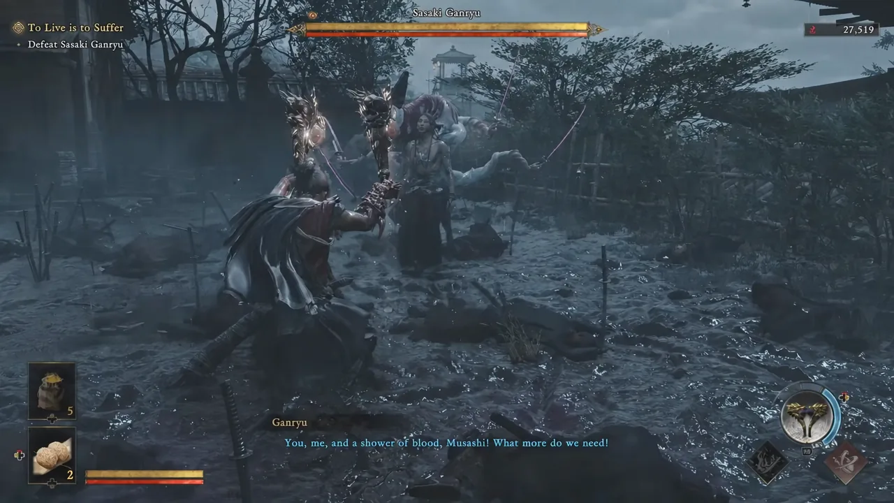 The opening of the rematch, with Ganryu's single health bar visible before the first charged hammer hit.