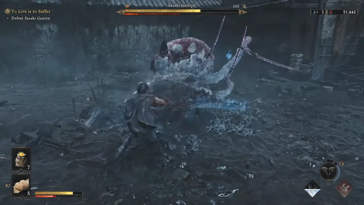 Sasaki Ganryu at roughly half health in the flooded arena during his more aggressive phase