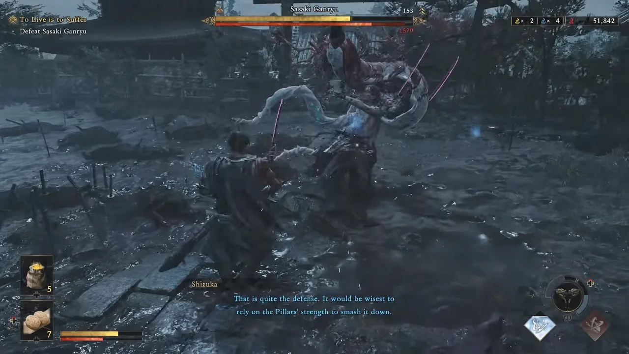 Musashi landing an attack on Sasaki Ganryu during the To Live is to Suffer boss fight