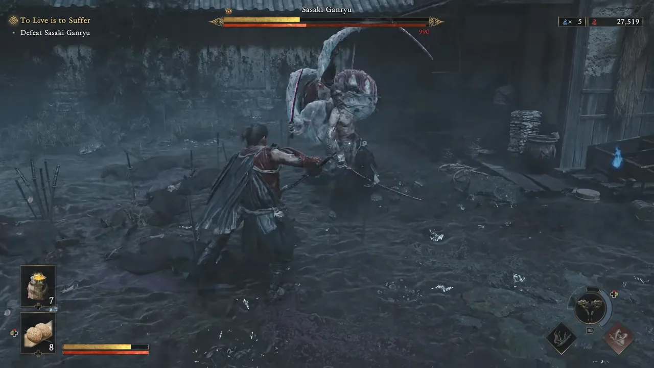 Musashi striking back at Sasaki Ganryu after deflecting a combo during the To Live is to Suffer fight