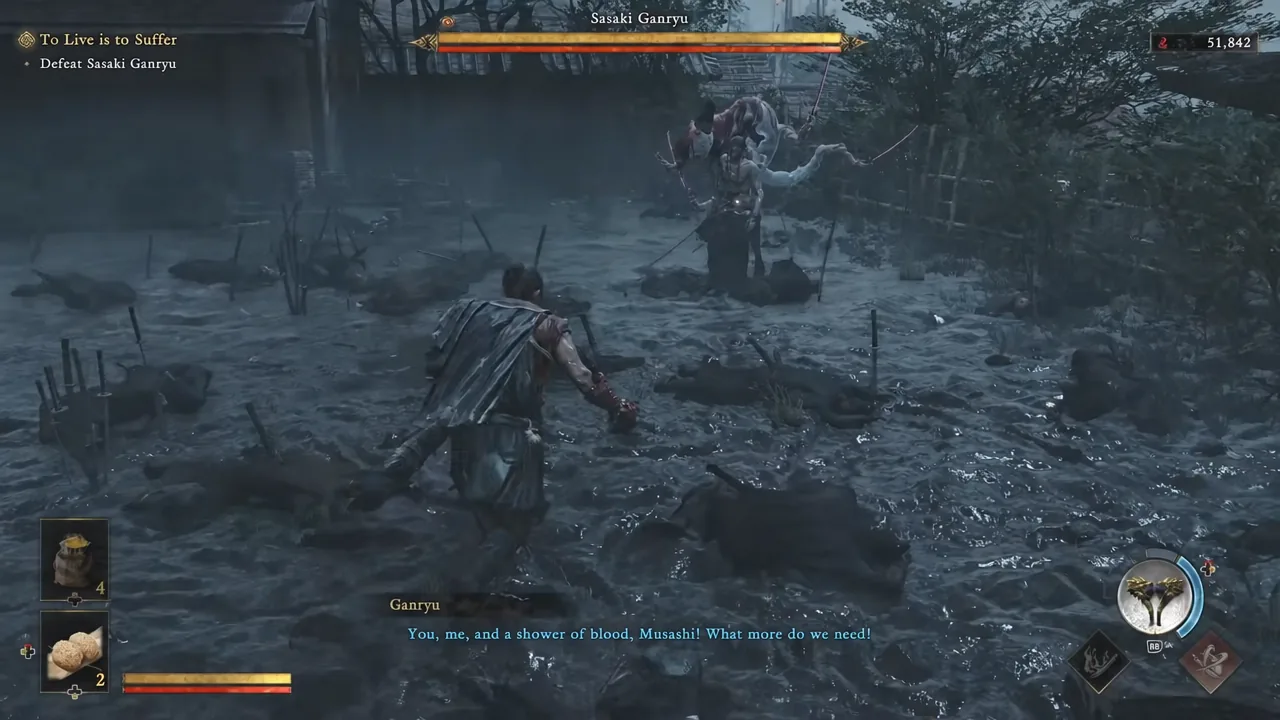 To Live is to Suffer objective on screen with the Sasaki Ganryu boss health bar active