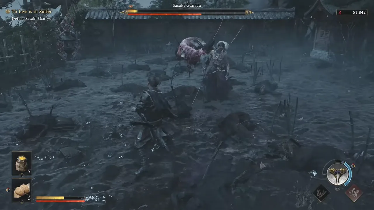 Musashi holding a defensive stance against Sasaki Ganryu as his boss health bar shows on screen