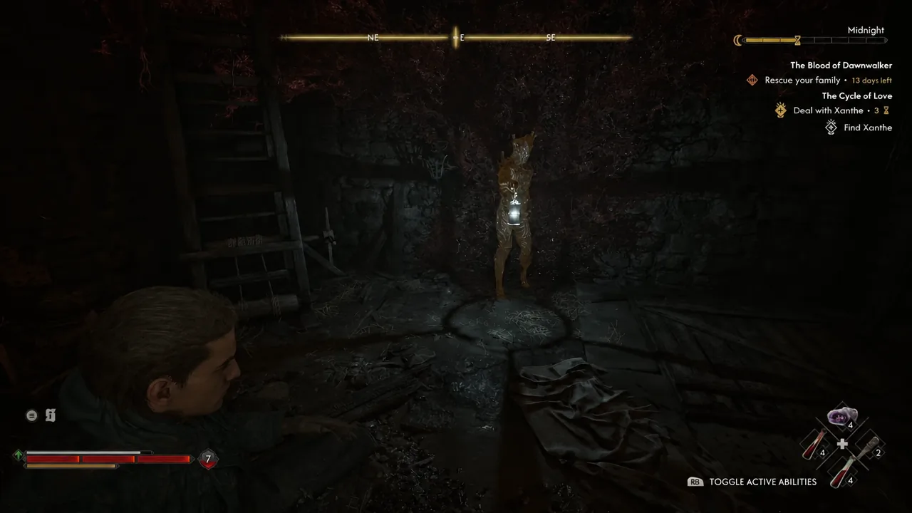 Coen approaching a glowing figure in the flooded cavern beneath the manor with Find Xanthe tracked