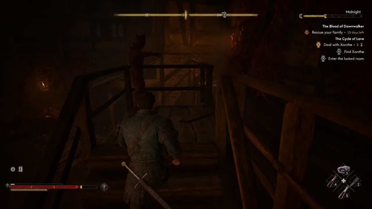 Coen crossing a wooden walkway upstairs with the Enter the locked room objective on screen
