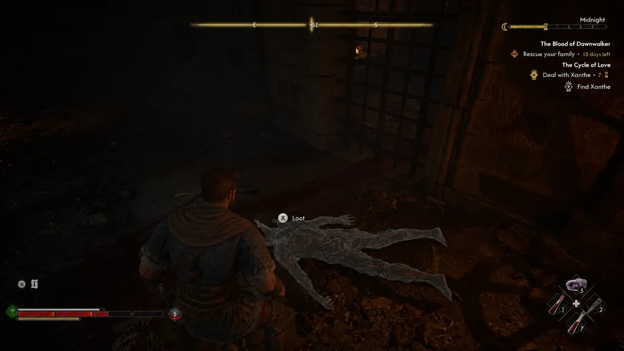 Loot prompt showing over a fallen body in the sewer passage beneath Xanthe's estate