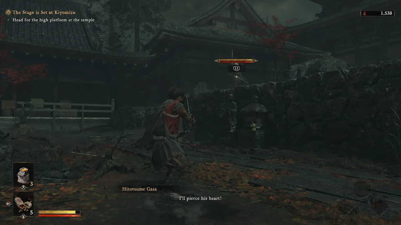 Musashi locked onto a Hitotsume Gasa during the Stage is Set at Kiyomizu objective, with the L1 prompt on screen