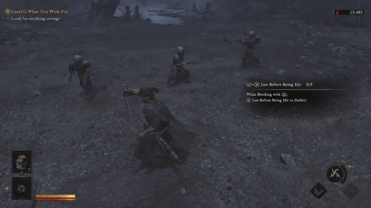 On-screen tutorial prompt showing the block-plus-counter button combination for deflecting an incoming attack