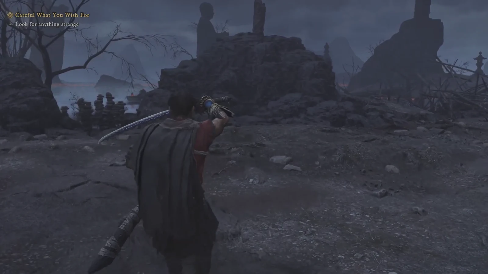 Musashi searching a dark ruined area during the Careful What You Wish For quest
