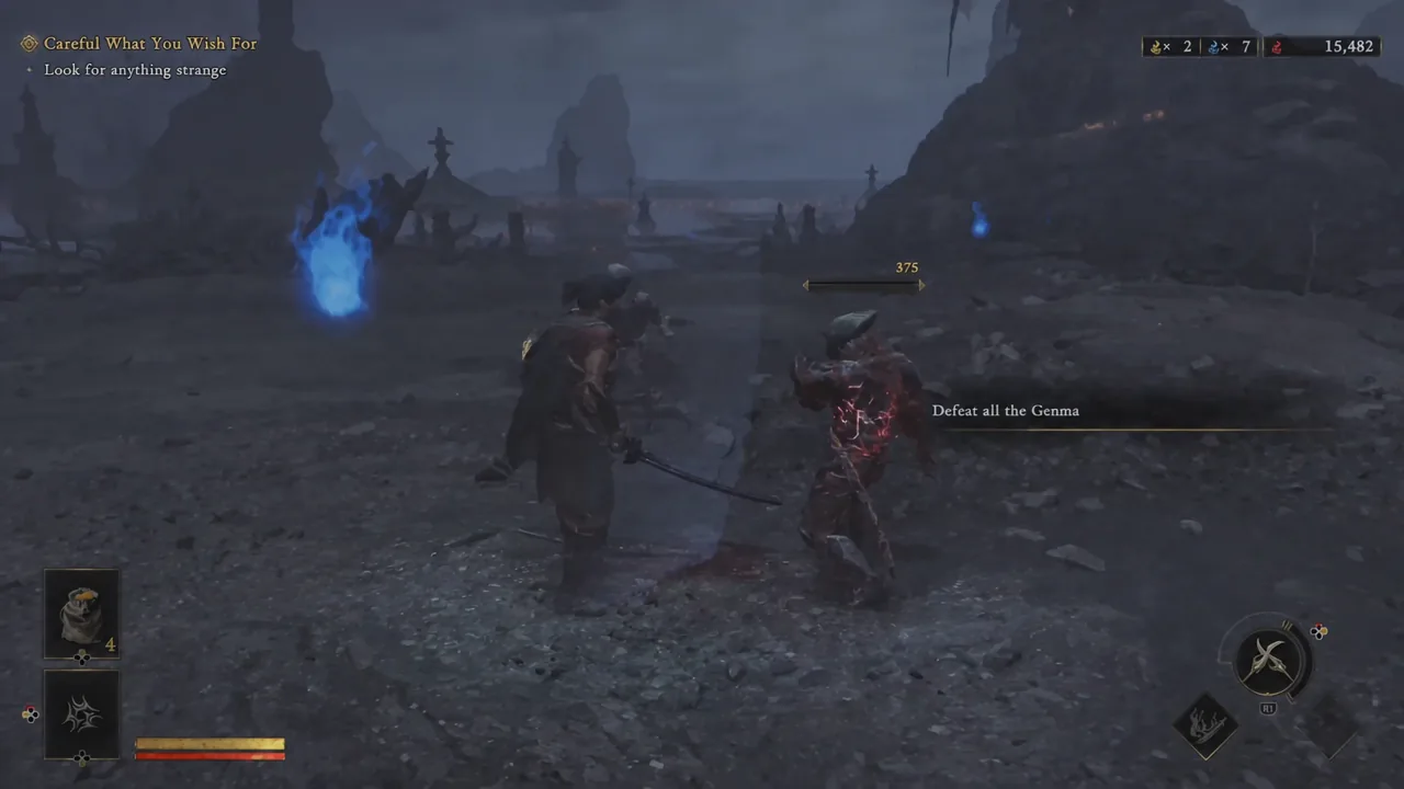 Musashi striking a Genma while the Defeat all the Genma objective is displayed during the drill