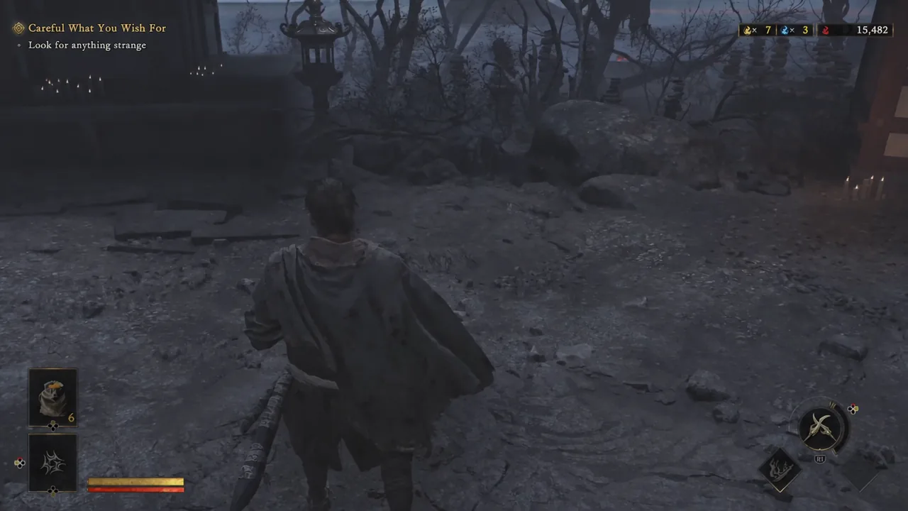 Musashi exploring an area with the Careful What You Wish For objective, Look for anything strange, shown on screen
