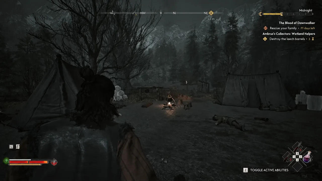 Quest tracker showing the Destroy the leech barrels objective under Wetland Helpers