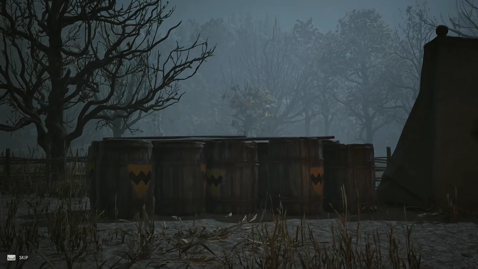 Cutscene in the woods with the SKIP prompt in the lower left corner