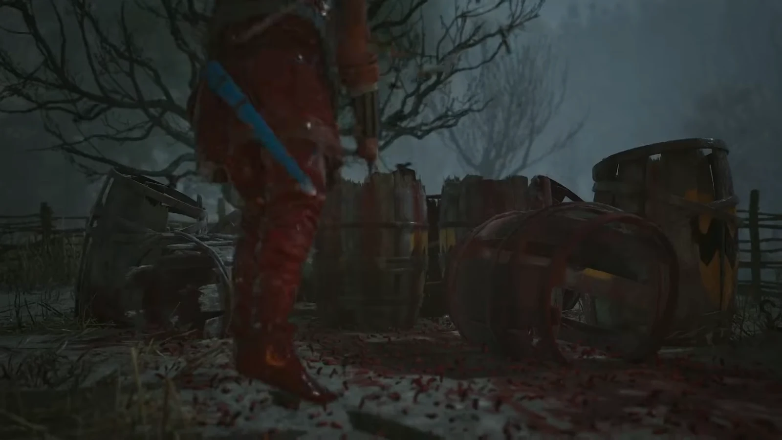 Coen cutting open the leech barrels with his sword as the Collector looks on