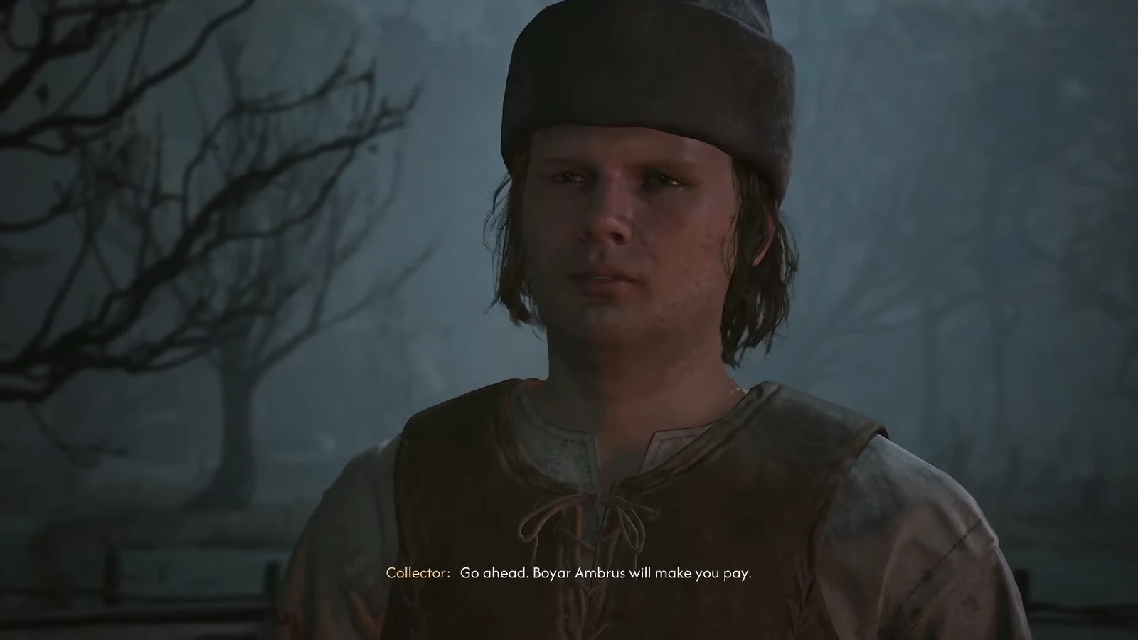 Coen standing beside the glowing leech barrels in the swamp camp at night