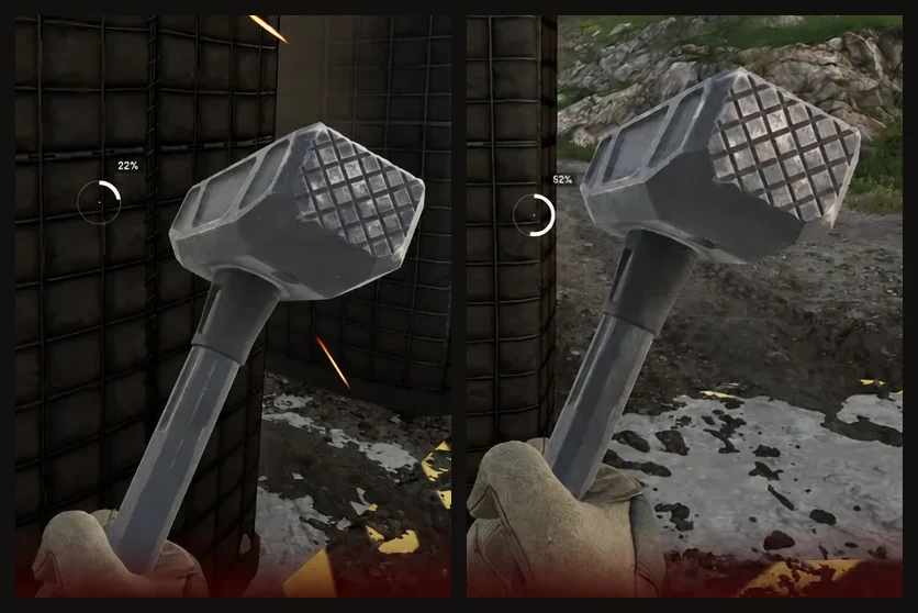 Side-by-side of dismantle progress at 22 percent and 52 percent with falling hammer durability