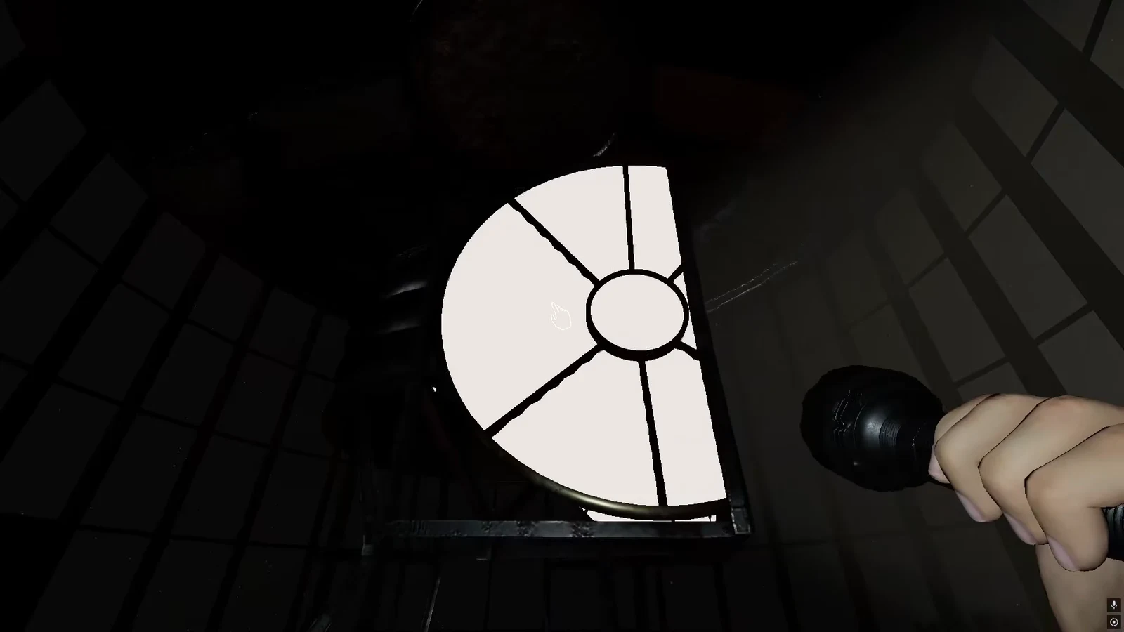 Cursor highlighting the segmented lighthouse lantern mechanism as a flashlight beam hits it