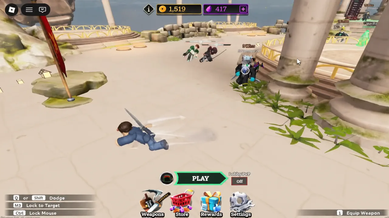 Dueling Grounds lobby screen with the PLAY button ready to start a match