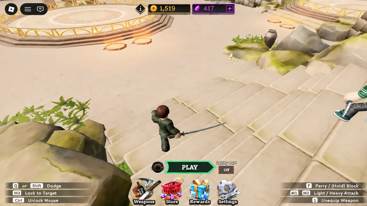Lobby screen in Dueling Grounds showing the highlighted PLAY button