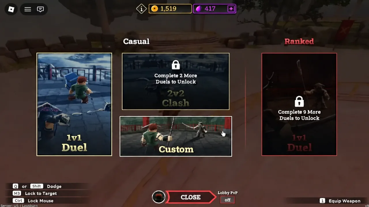 Mode selection screen showing Casual and Ranked options with Custom highlighted