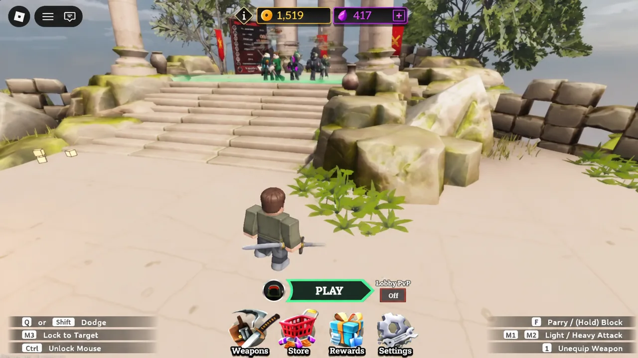 Dueling Grounds lobby with the PLAY button ready to start a duel