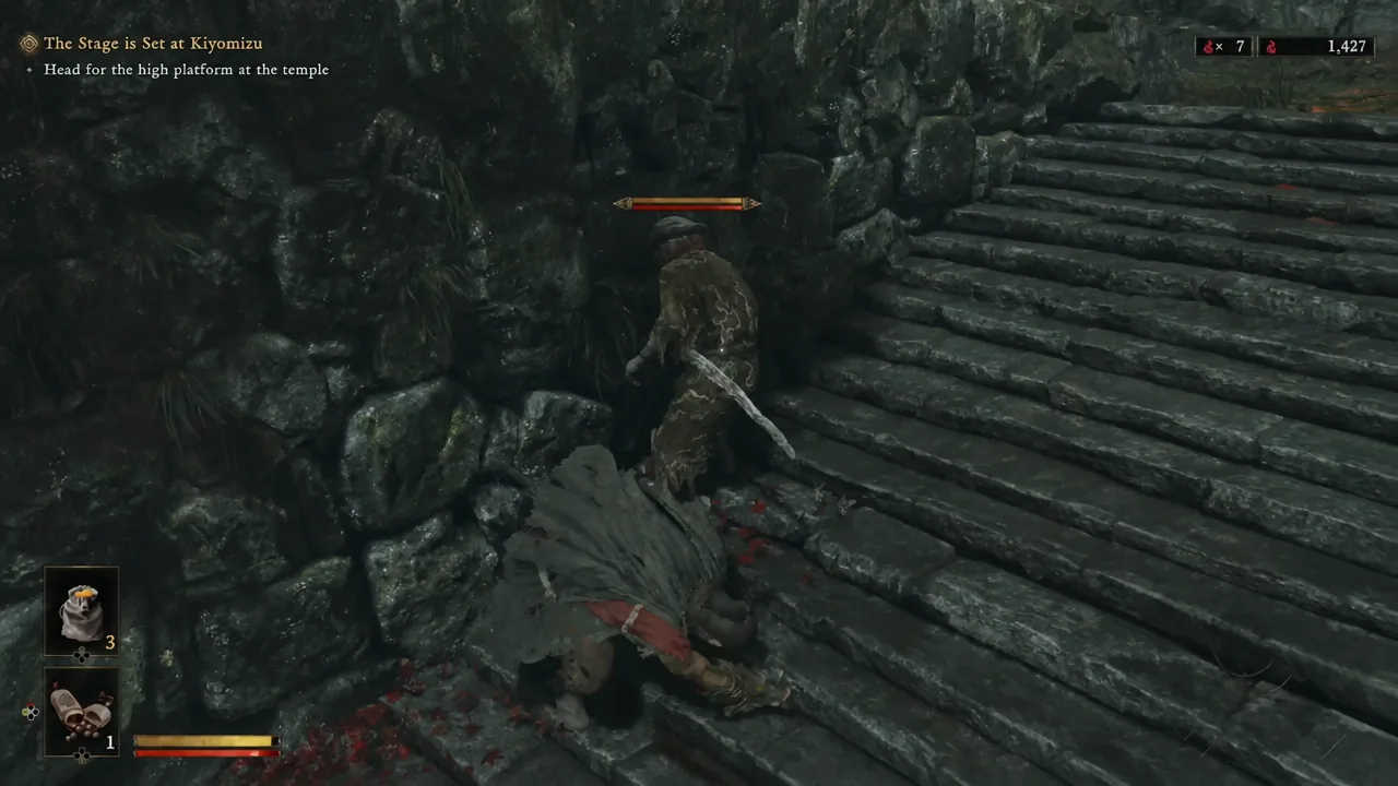 Musashi evading an enemy attack, the action mapped to Circle on a PlayStation controller