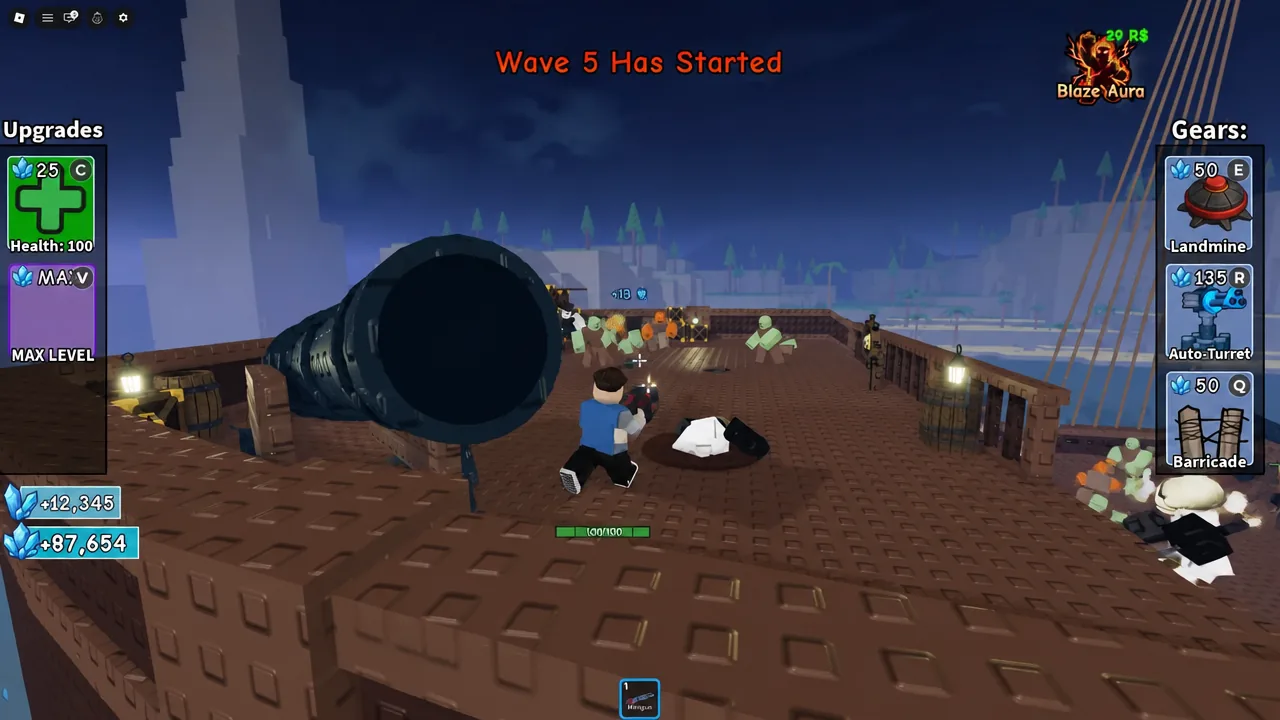 Player clearing zombies on the pirate ship deck during an early raid wave