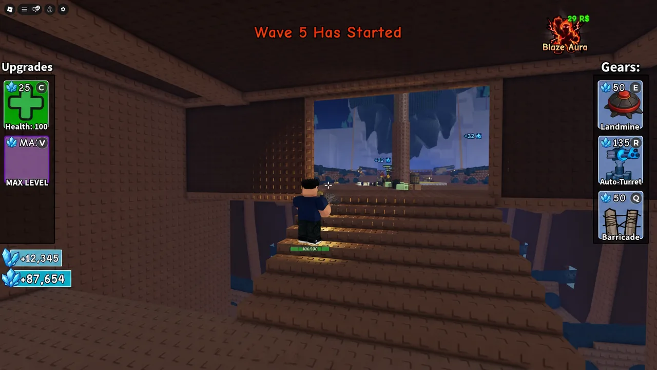 Player holding a position beside the ship stairway with the Upgrades and Gears panels on screen