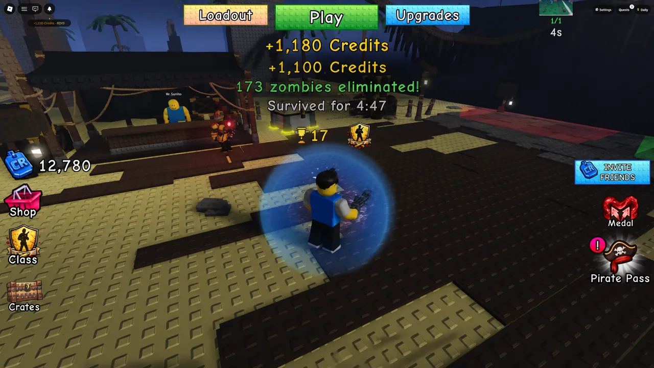 End of round results screen showing Credits earned and elimination totals