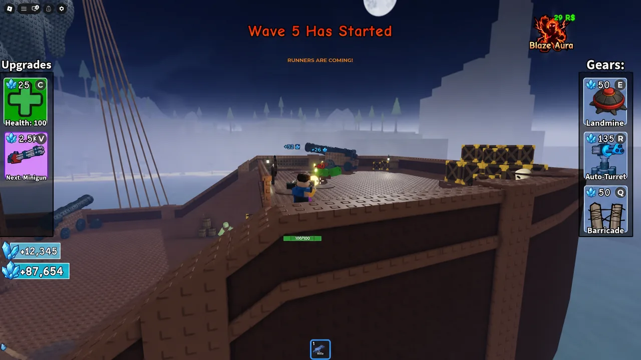 Wave 5 Has Started banner on screen as the player fires at runners on the deck