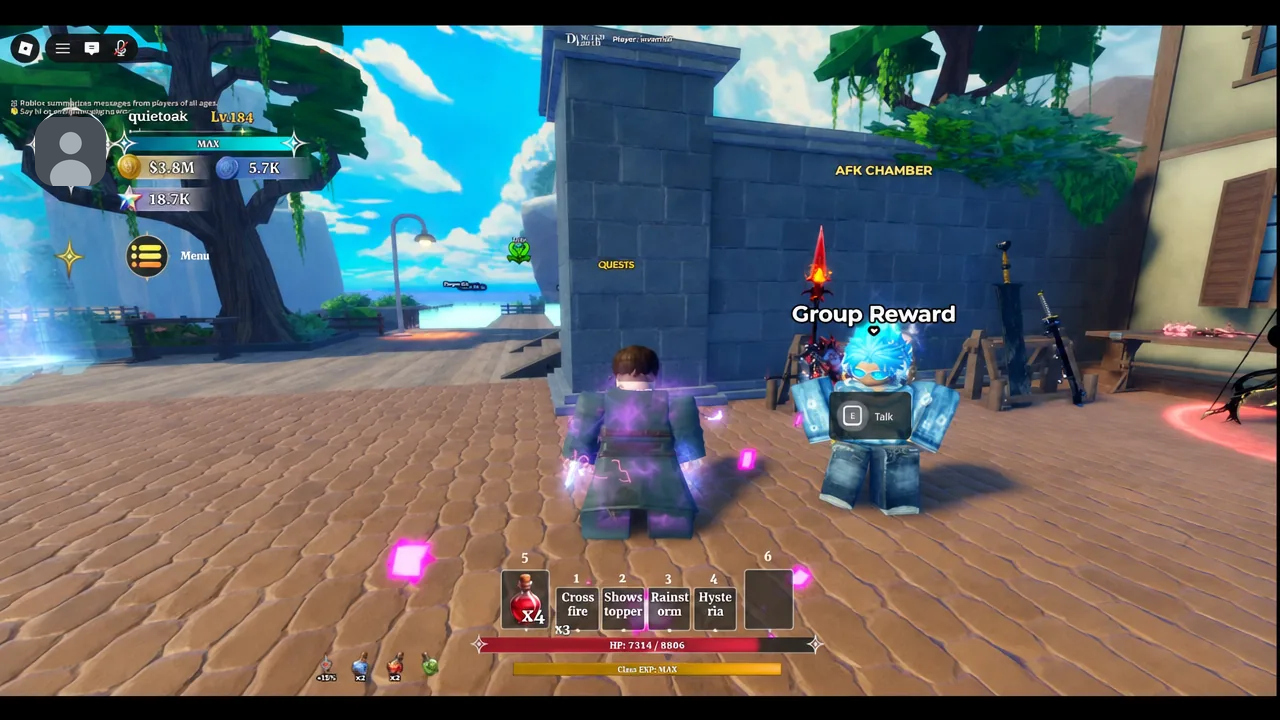 Group Reward NPC in the town hub showing the E Talk prompt as the player walks up