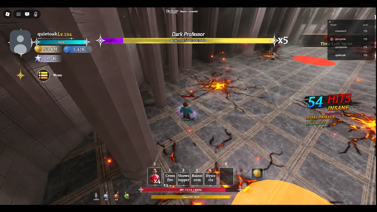 Player attacking Dark Professor with the Hysteria ability highlighted on the hotbar