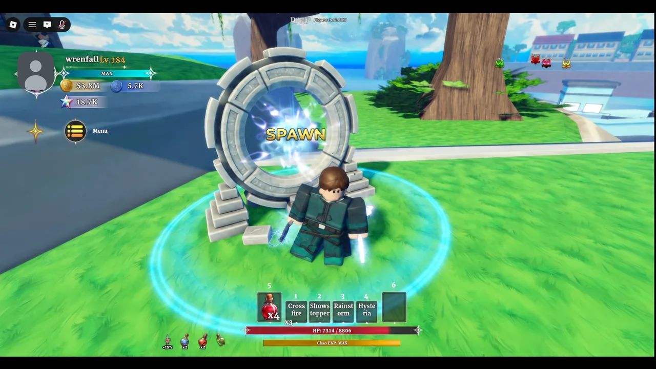 Character standing inside the glowing SPAWN portal activation area in the town hub