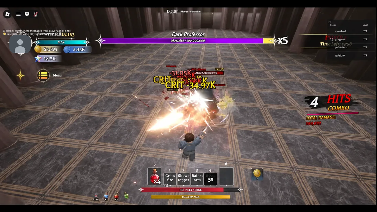 Dark Professor boss fight with a four-hit combo counter and damage numbers stacking on screen