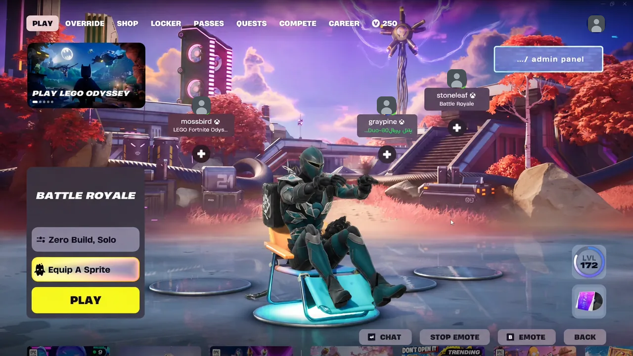 Fortnite lobby with the Equip A Sprite button highlighted before a Zero Build solo match
