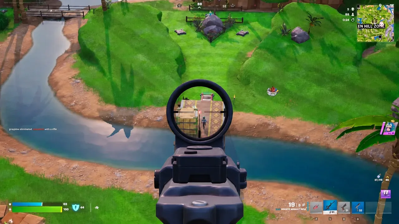 Aiming down the scope of a Combat Assault Rifle at a target across the river