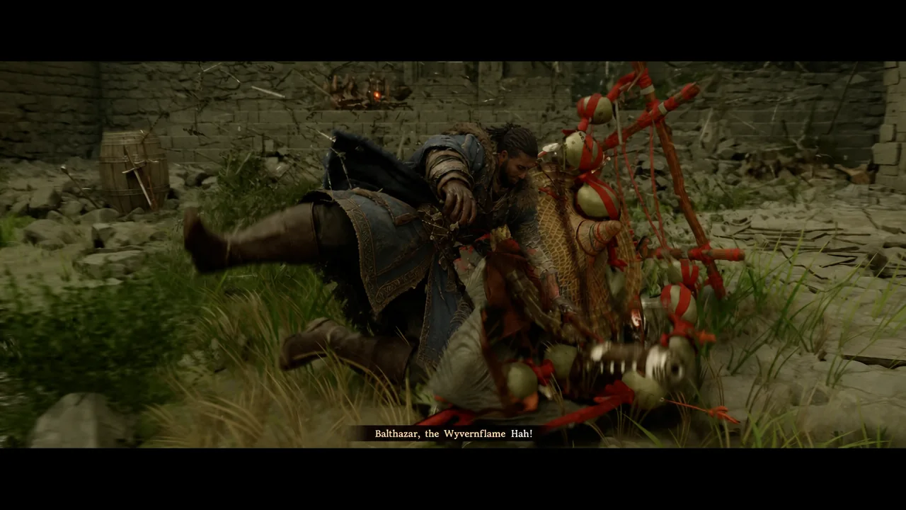 Cutscene of Balthazar arriving on a wyvern to start the courtyard phase