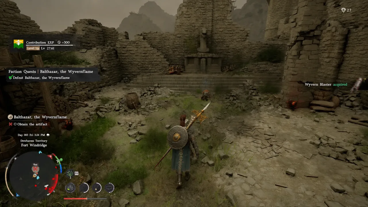 Faction Quests menu showing the Balthazar entry with the artifact objective in progress